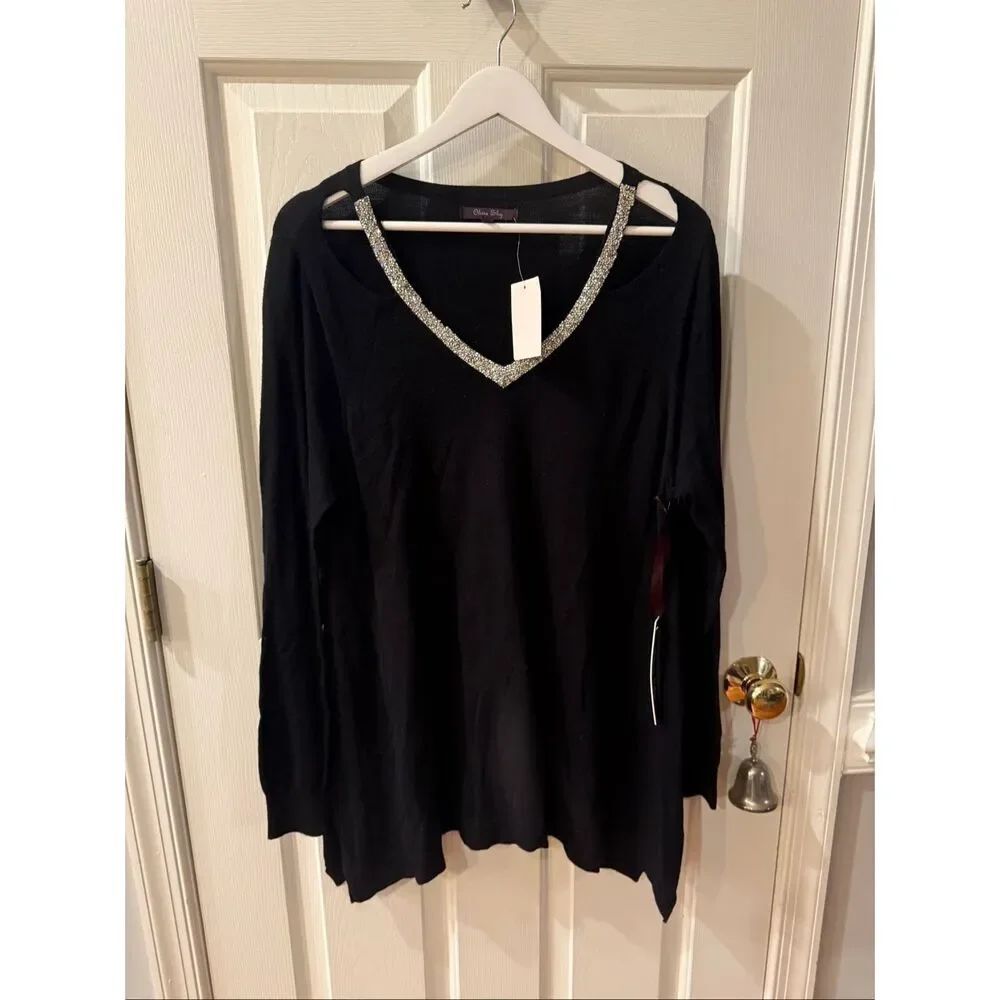 Olivia Sky Black Shoulder Slit Silver Embellished Sweater sz 1X NWT